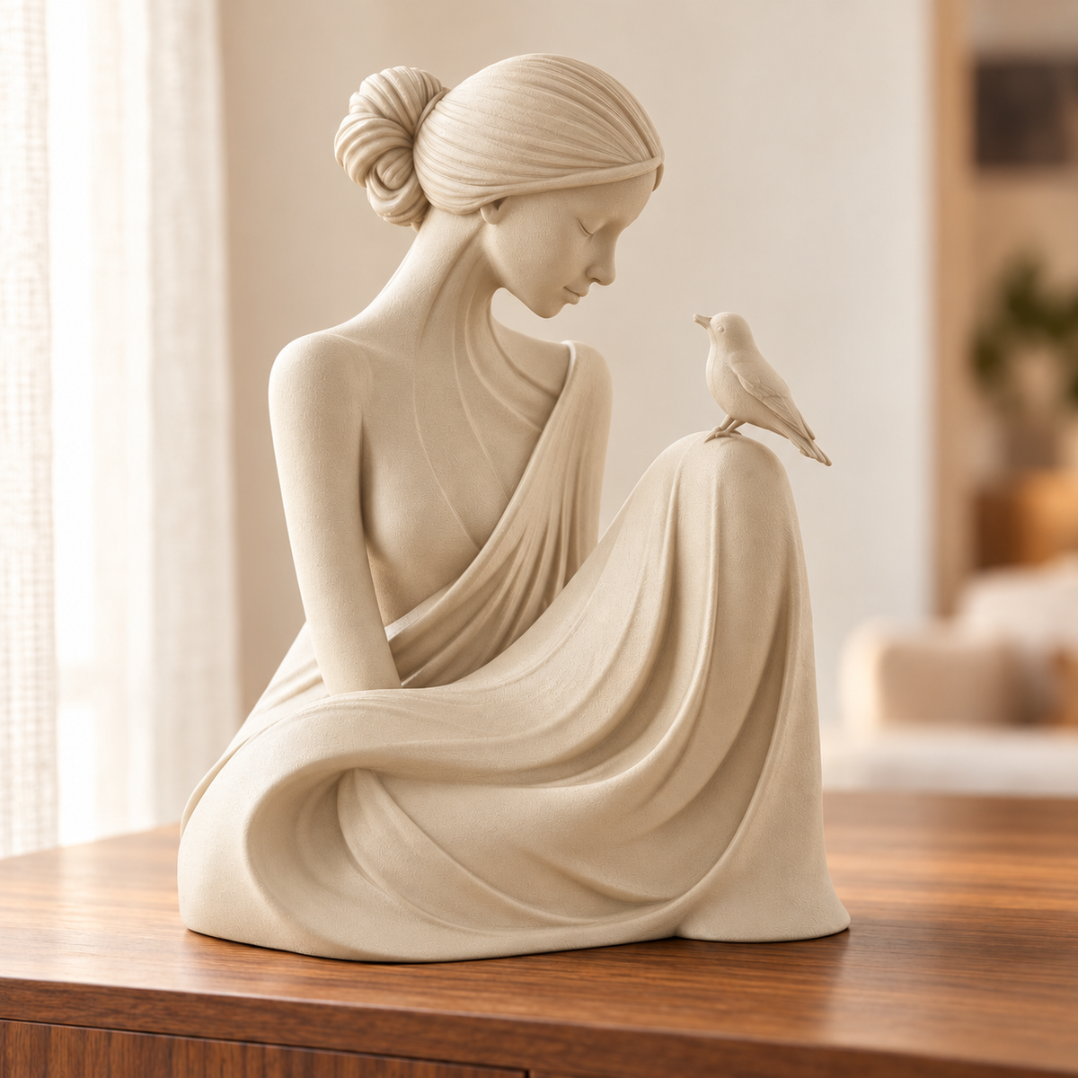 Essência — escultura mulher com pássaro, Bege