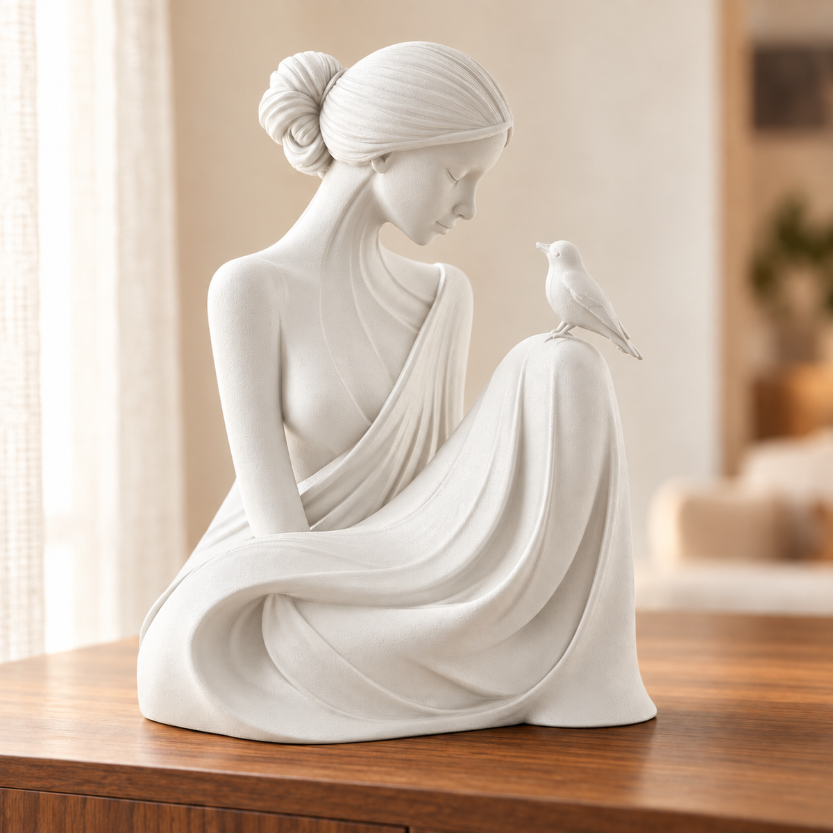 Essência — escultura mulher com pássaro, Branco