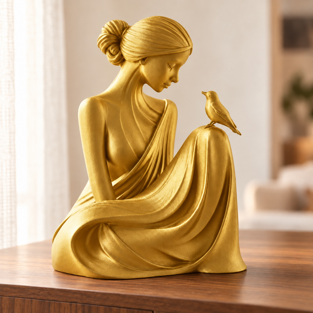 Essência — escultura mulher com pássaro, Dourado