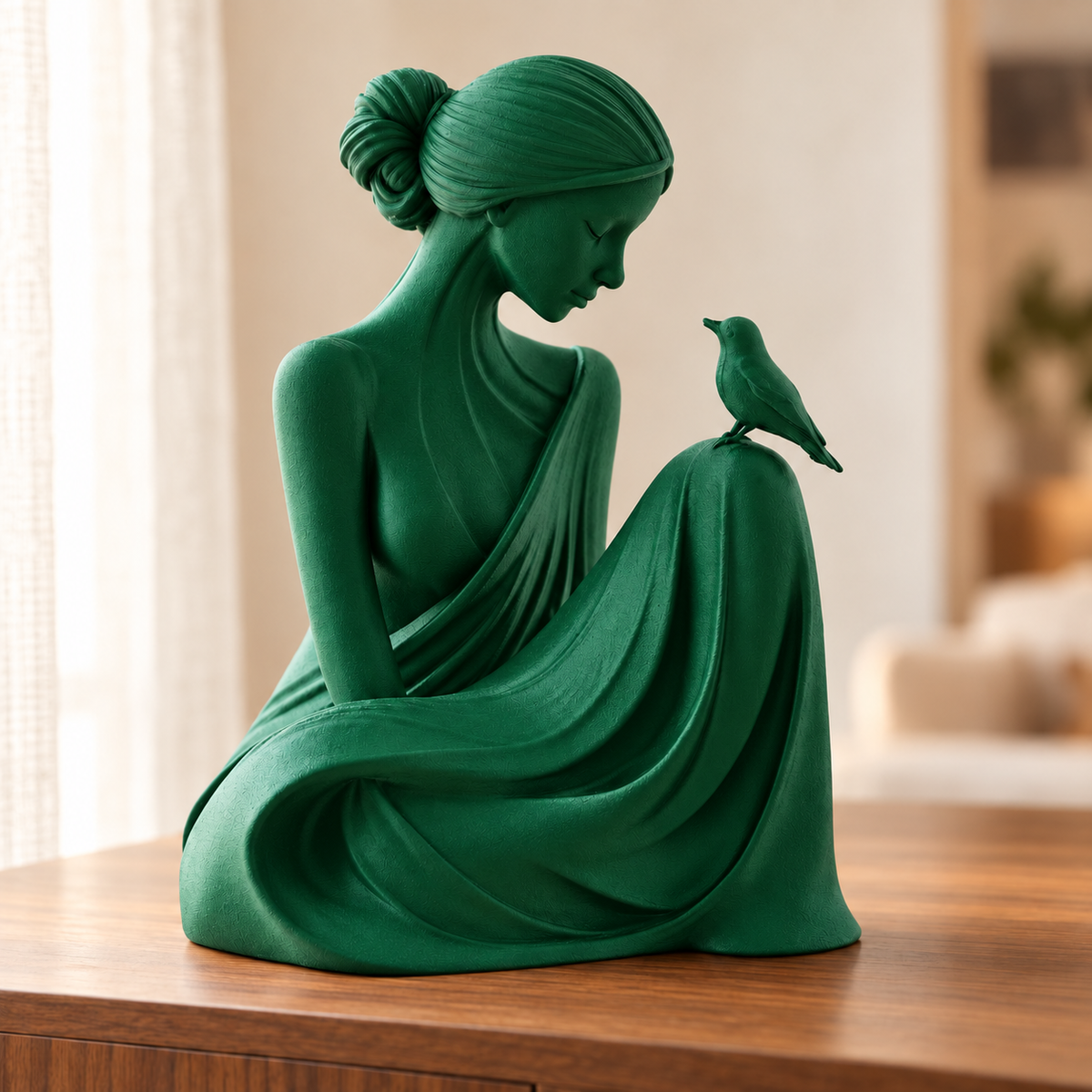 Essência — escultura mulher com pássaro, Holly Green