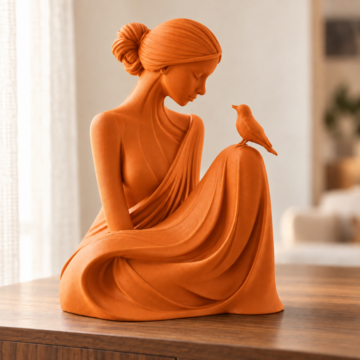 Essência — escultura mulher com pássaro, Laranja
