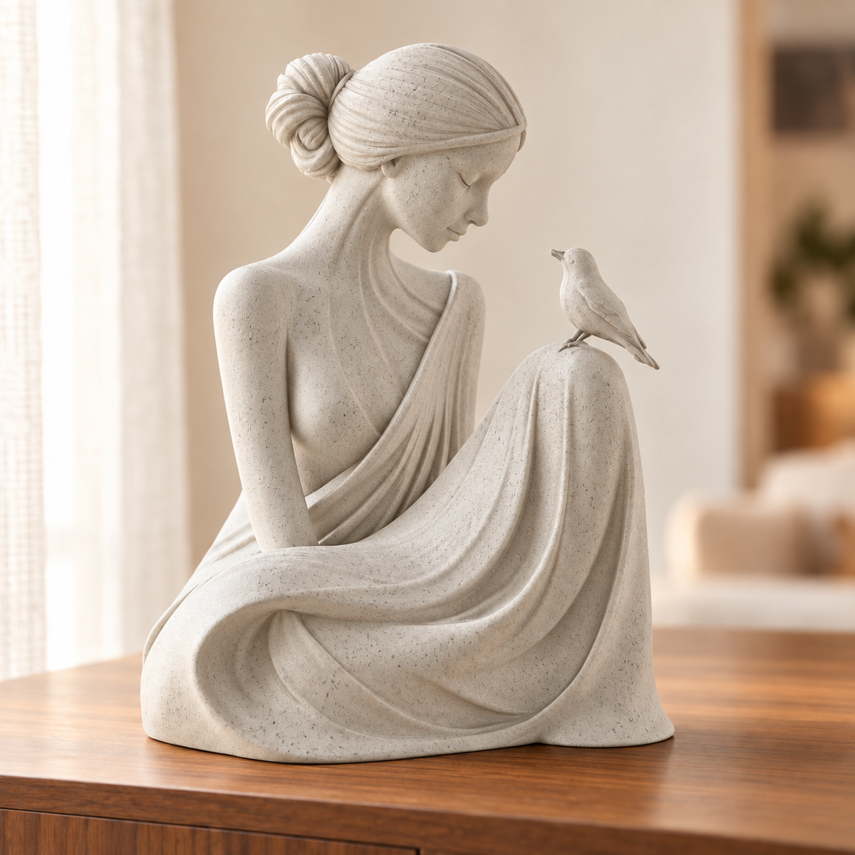 Essência — escultura mulher com pássaro, Mármore