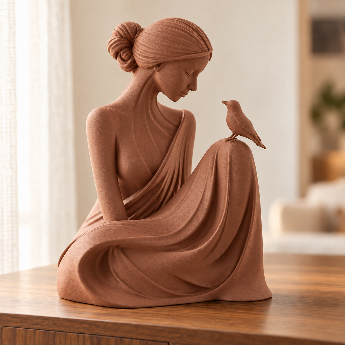 Essência — escultura mulher com pássaro, Marrom Terracota