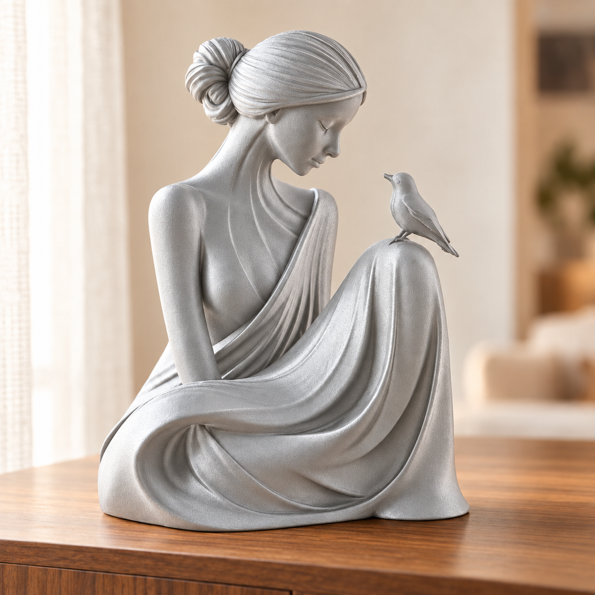Essência — escultura mulher com pássaro, Prata