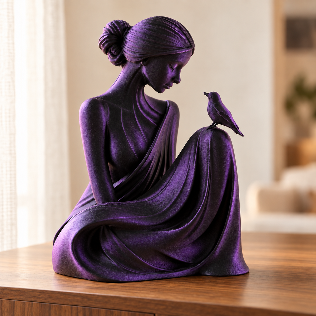 Essência — escultura mulher com pássaro, Preto e Roxo
