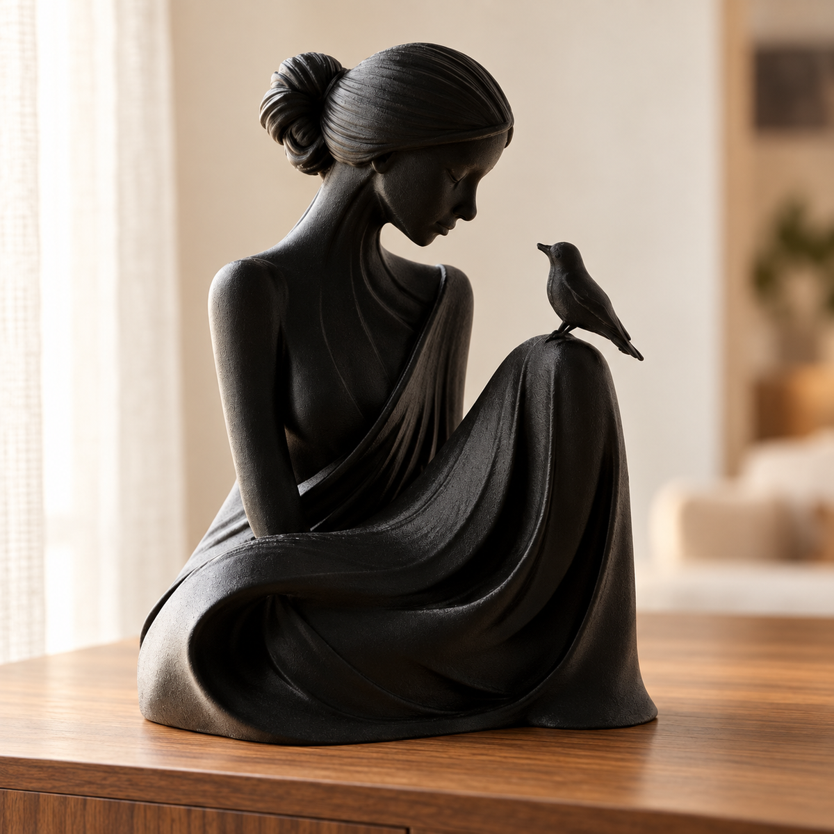Essência — escultura mulher com pássaro, Preto