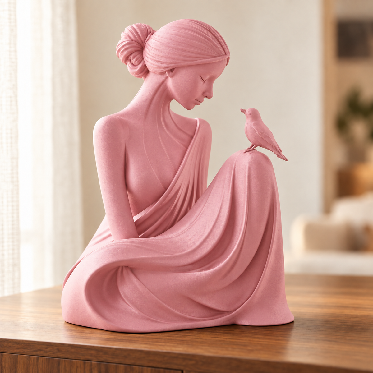 Essência — escultura mulher com pássaro, Rosa