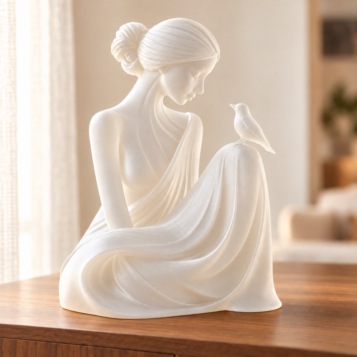 Essência — escultura mulher com pássaro, Translúcido