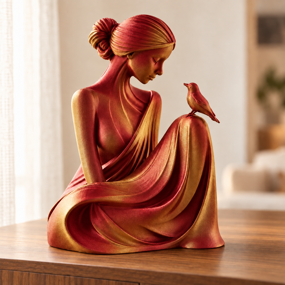 Essência — escultura mulher com pássaro, Vermelho e Dourado