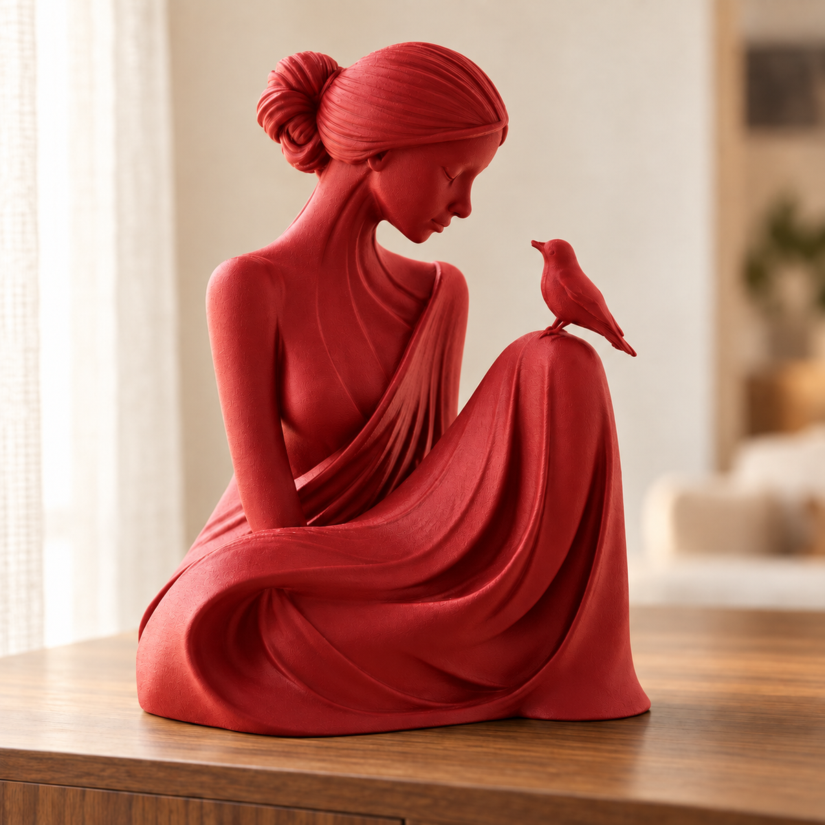 Essência — escultura mulher com pássaro, Vermelho