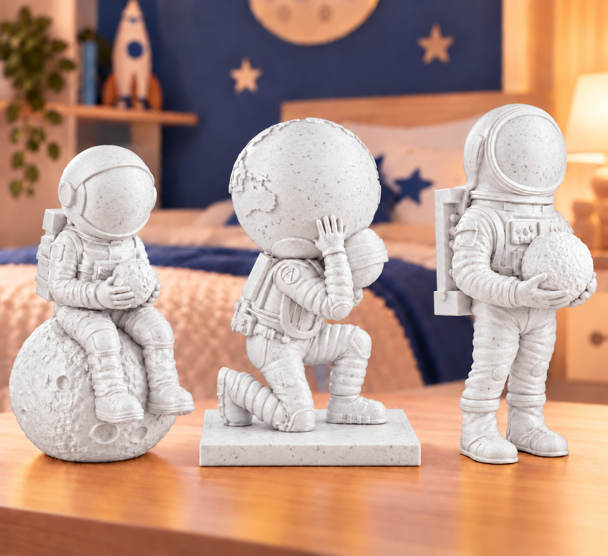 Trio de astronautas em Mármore branco com fibras cinza discretas