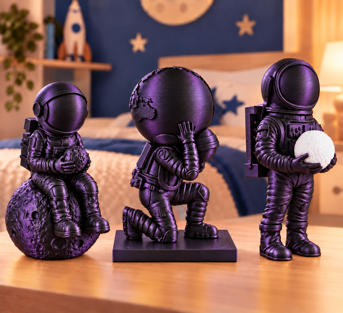 Trio de astronautas Preto/Roxo silk acetinado — transição violeta suave