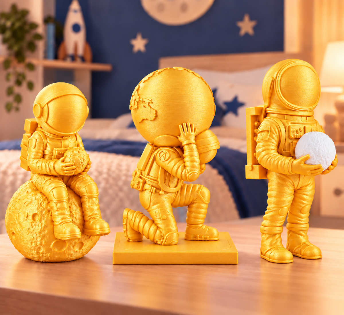 Trio de astronautas decorativos em dourado silk em quarto infantil