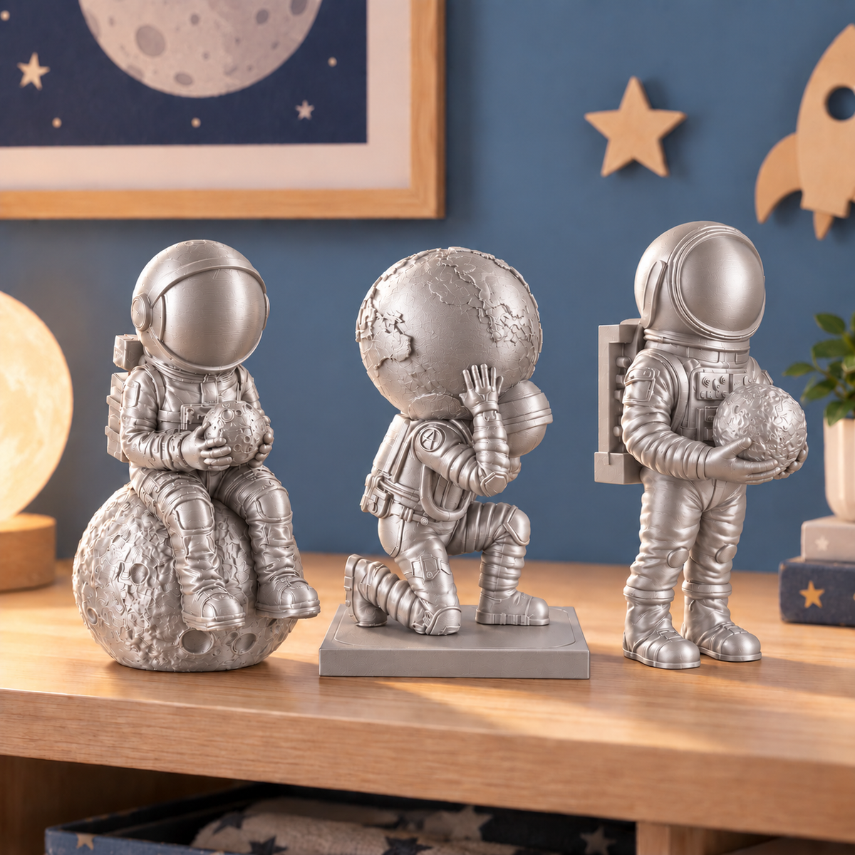 Trio de astronautas em Prata Silk