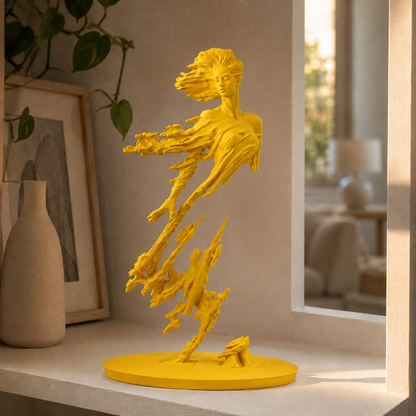 Escultura de figura em movimento com véu esvoaçante sobre base circular, na cor amarela