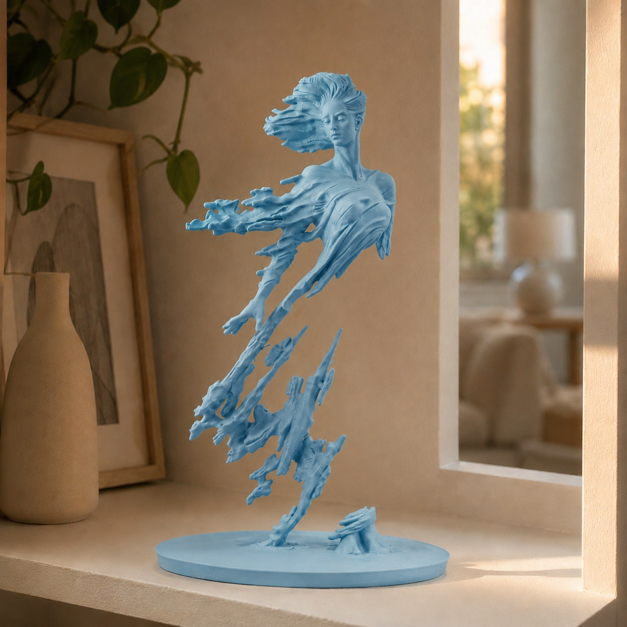 Escultura de figura em movimento com véu esvoaçante sobre base circular, na cor azul-celeste