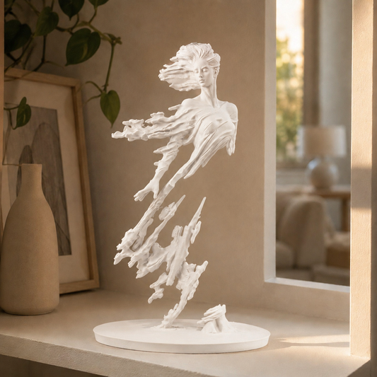 Escultura de figura em movimento com véu esvoaçante sobre base circular, na cor branca