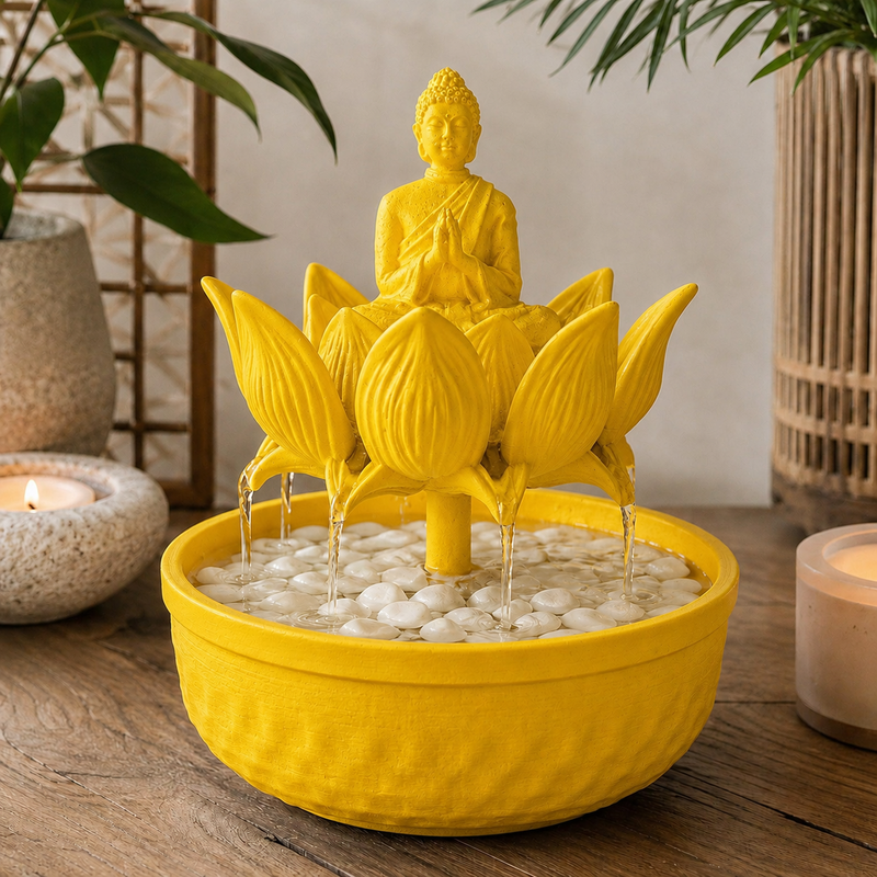 Fonte de mesa com Buda sentado sobre flor de lótus, na cor amarela