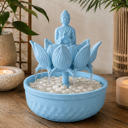 Fonte de mesa com Buda sentado sobre flor de lótus, na cor azul-celeste