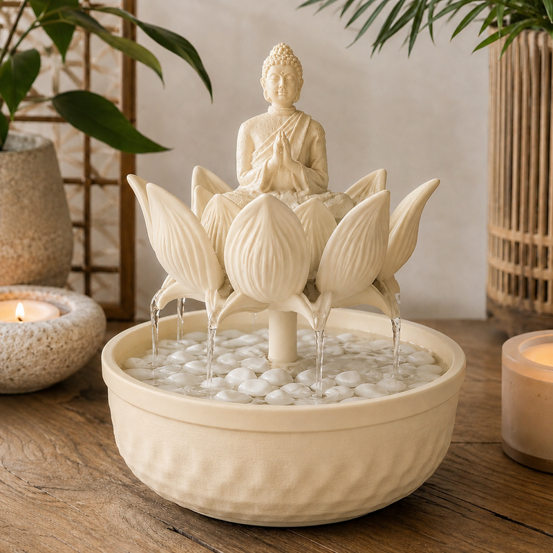 Fonte de mesa com Buda sentado sobre flor de lótus, na cor bege