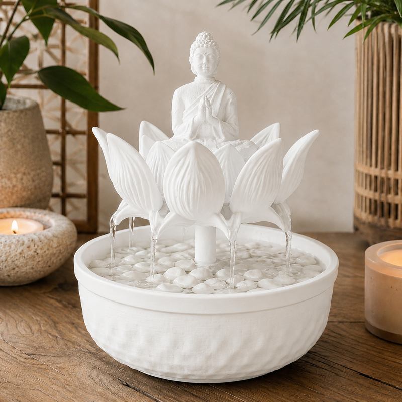 Fonte de mesa com Buda sentado sobre flor de lótus, na cor branca
