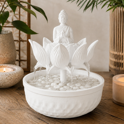 Fonte de mesa com Buda sentado sobre flor de lótus, na cor branca