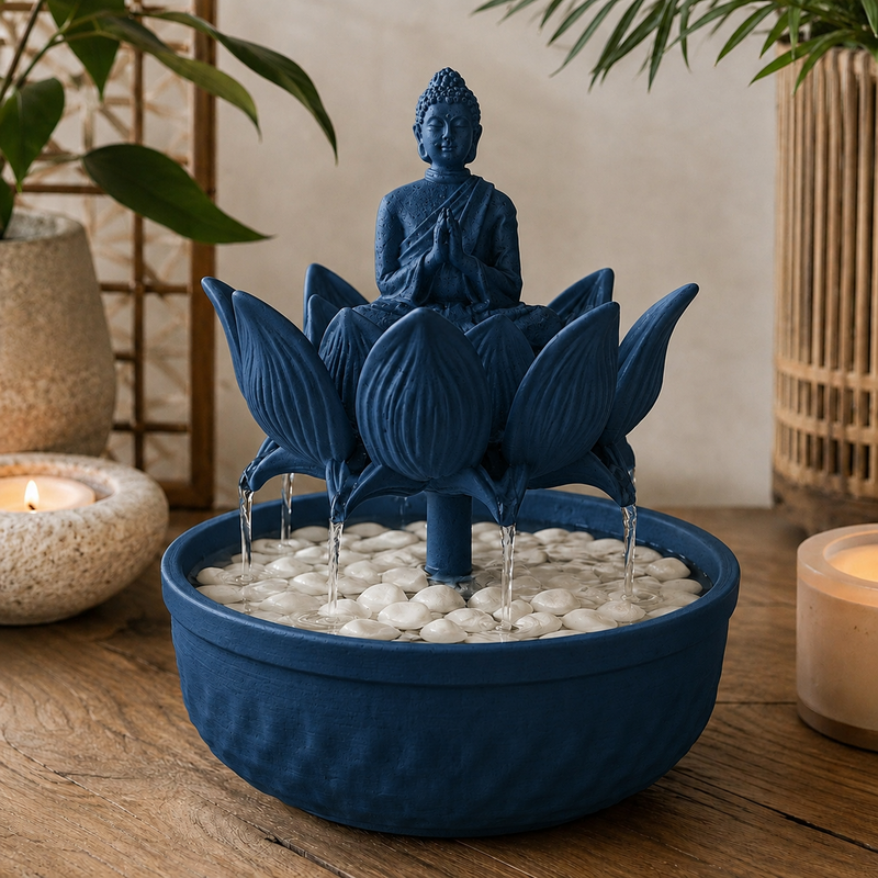 Fonte de mesa com Buda sentado sobre flor de lótus, na cor azul-escura