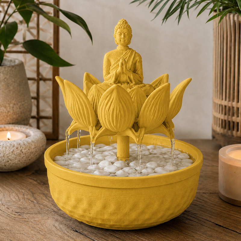 Fonte de mesa com Buda sentado sobre flor de lótus, na cor dourada