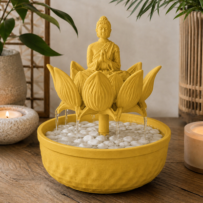 Fonte de mesa com Buda sentado sobre flor de lótus, na cor dourada