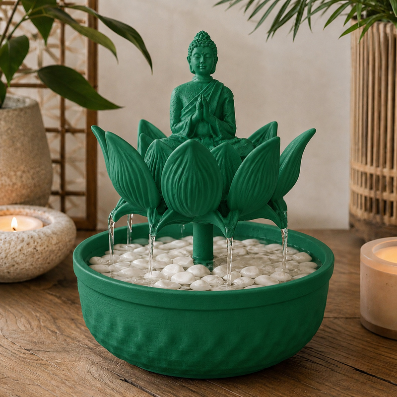Fonte de mesa com Buda sentado sobre flor de lótus, na cor verde escura