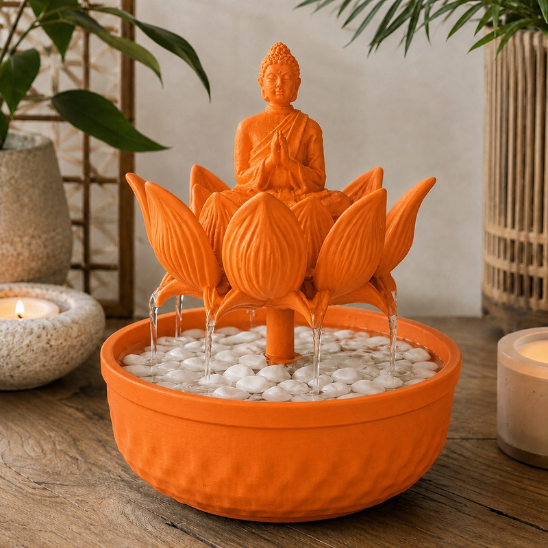 Fonte de mesa com Buda sentado sobre flor de lótus, na cor laranja
