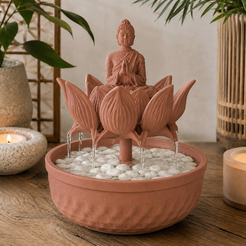 Fonte de mesa com Buda sentado sobre flor de lótus, na cor marrom terracota