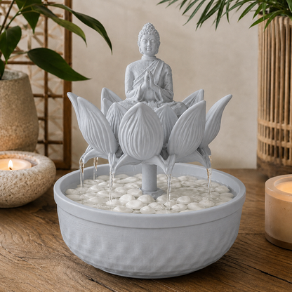 Fonte de mesa com Buda sentado sobre flor de lótus, na cor prata