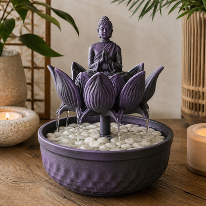 Fonte de mesa com Buda sentado sobre flor de lótus, na cor preta e roxa