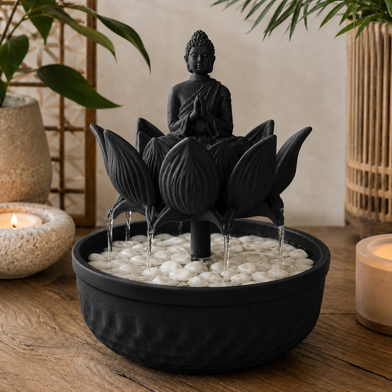 Fonte de mesa com Buda sentado sobre flor de lótus, na cor preta