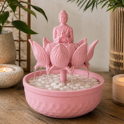Fonte de mesa com Buda sentado sobre flor de lótus, na cor rosa