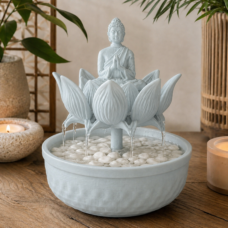 Fonte de mesa com Buda sentado sobre flor de lótus, na cor translúcida
