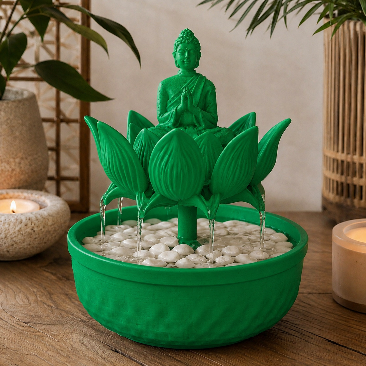 Fonte de mesa com Buda sentado sobre flor de lótus, na cor verde