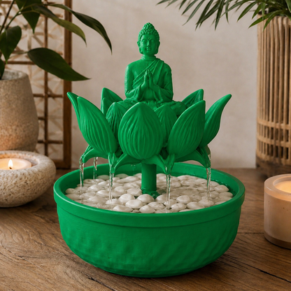 Fonte de mesa com Buda sentado sobre flor de lótus, na cor verde