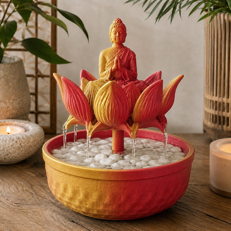 Fonte de mesa com Buda sentado sobre flor de lótus, na cor vermelha e dourada