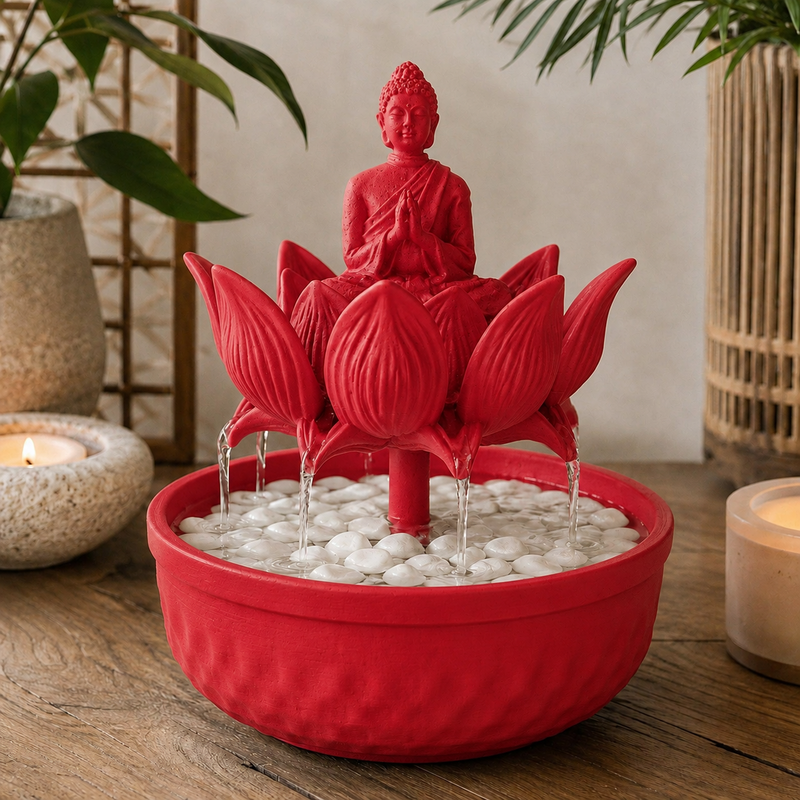 Fonte de mesa com Buda sentado sobre flor de lótus, na cor vermelha