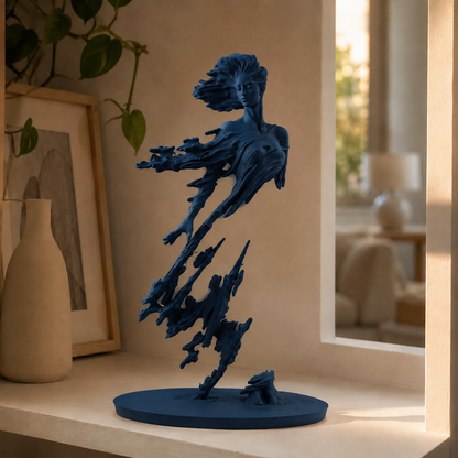 Escultura de figura em movimento com véu esvoaçante sobre base circular, na cor azul-escura