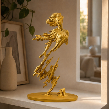 Escultura de figura em movimento com véu esvoaçante sobre base circular, na cor dourada