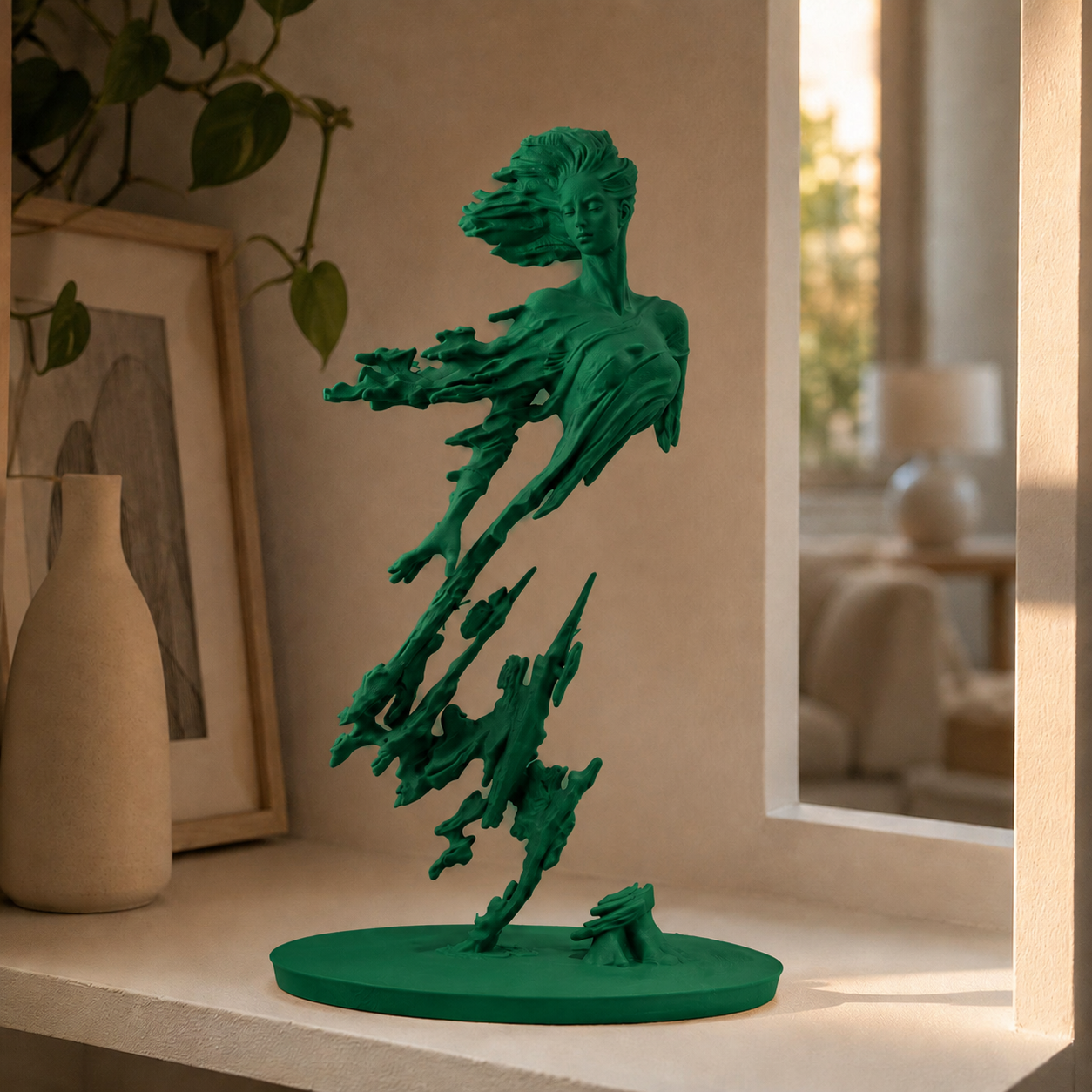 Escultura de figura em movimento com véu esvoaçante sobre base circular, na cor verde escura
