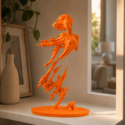 Escultura de figura em movimento com véu esvoaçante sobre base circular, na cor laranja