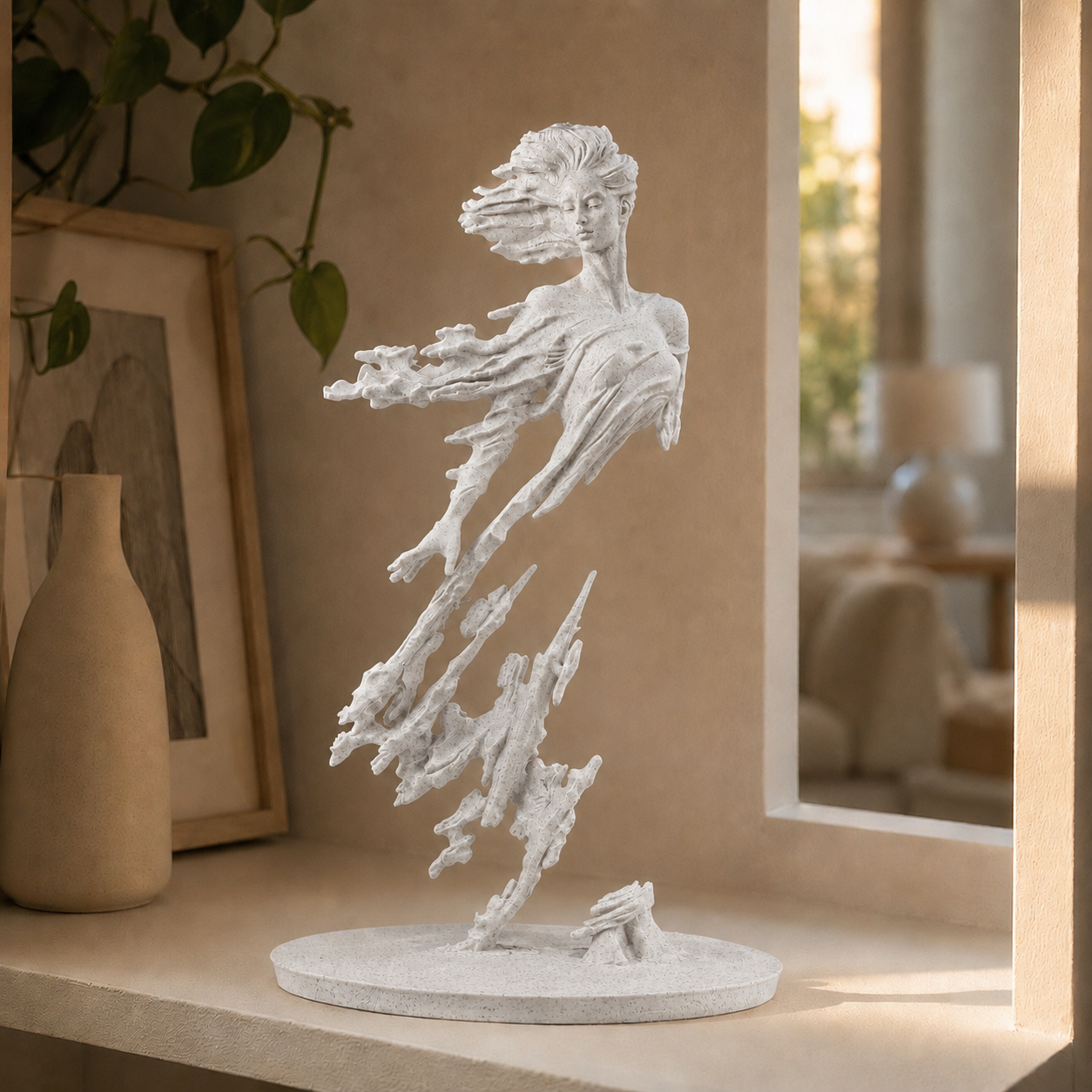 Escultura de figura em movimento com véu esvoaçante sobre base circular, na cor mármore