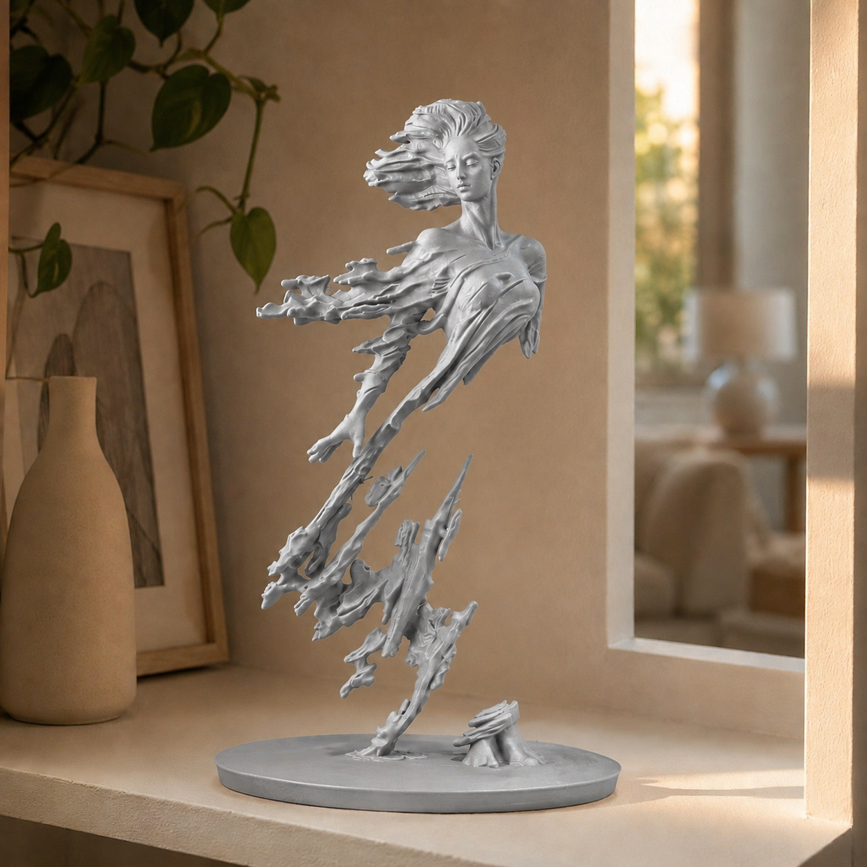 Escultura de figura em movimento com véu esvoaçante sobre base circular, na cor prata