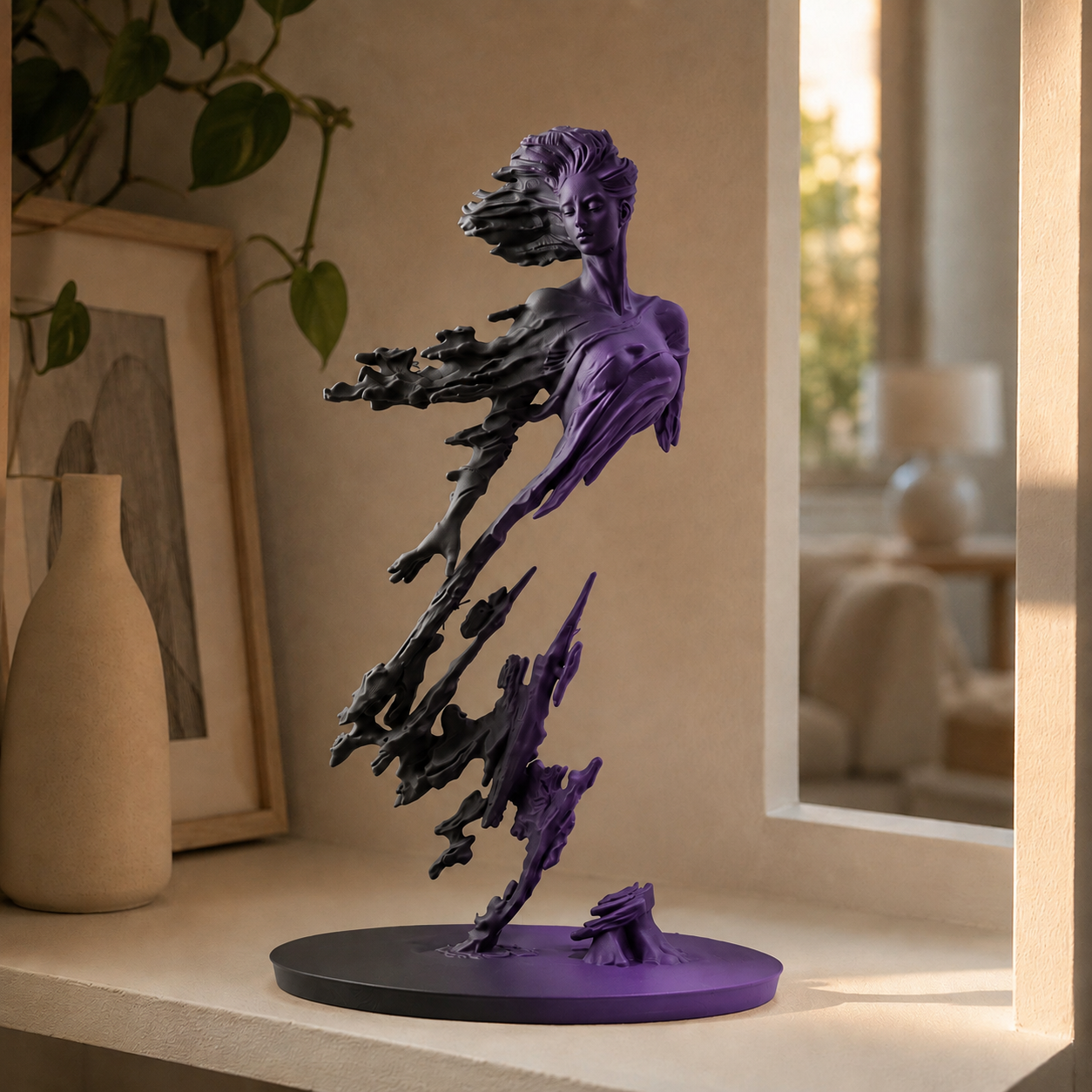 Escultura de figura em movimento com véu esvoaçante sobre base circular, na cor preta e roxa