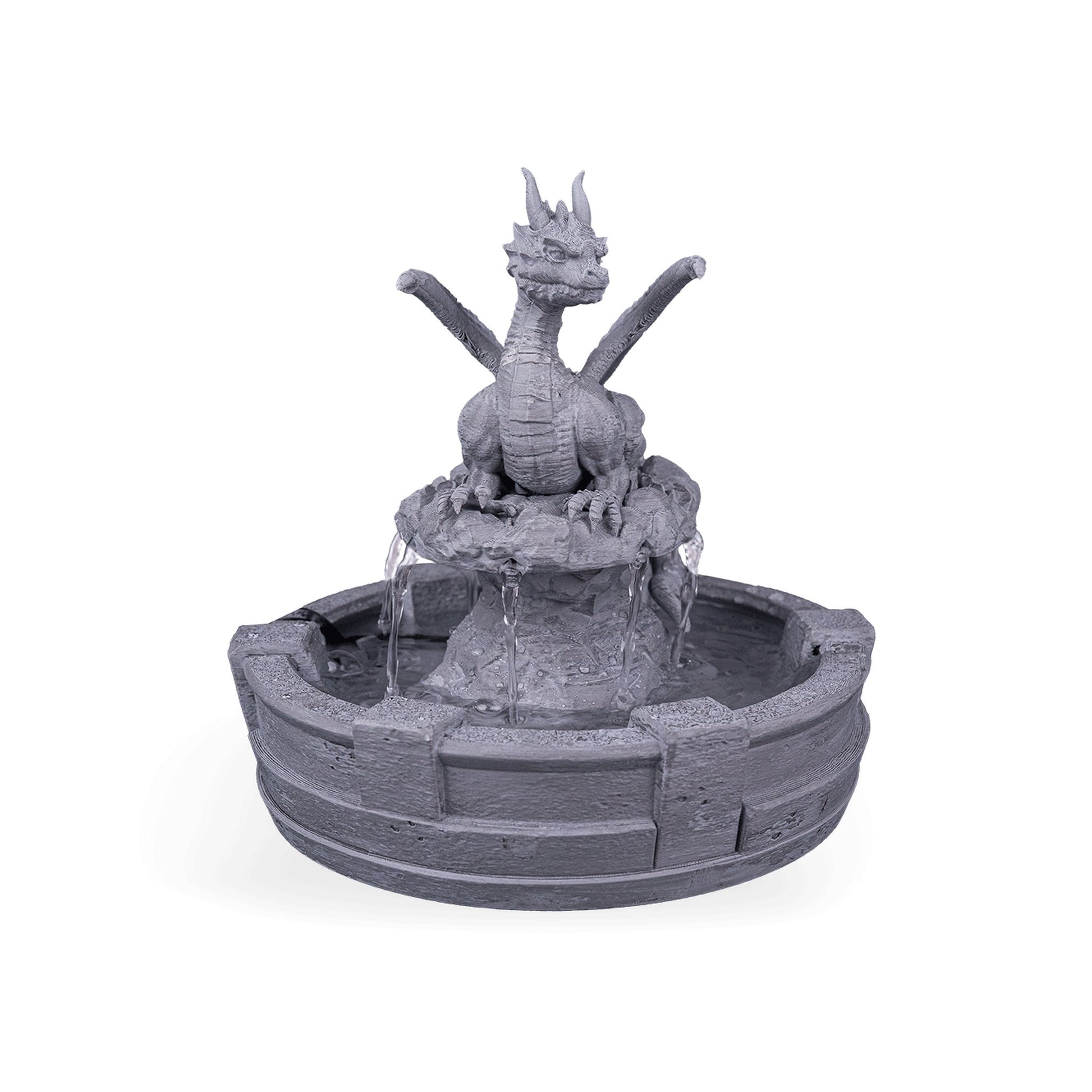 Fonte de mesa Resting Guardian, dragão sobre poço de pedra em tom prata