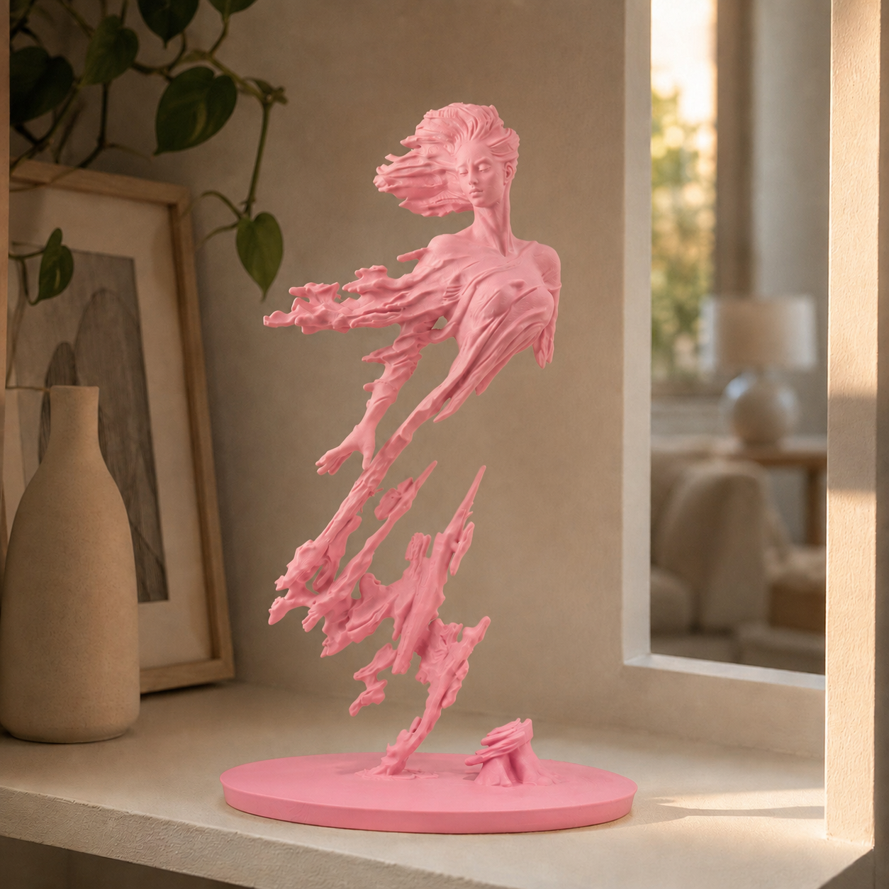 Escultura de figura em movimento com véu esvoaçante sobre base circular, na cor rosa